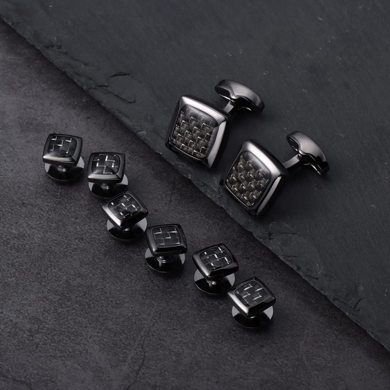 HAWSON Cufflinks and Studs for Men-Fashion Men Vintage Enamel Carbon Fiber Tuxedo Shirt Cufflinks and Studs Set for Regular Wedding Business Accessories (Silver Circle cufflinks set) - Image 3
